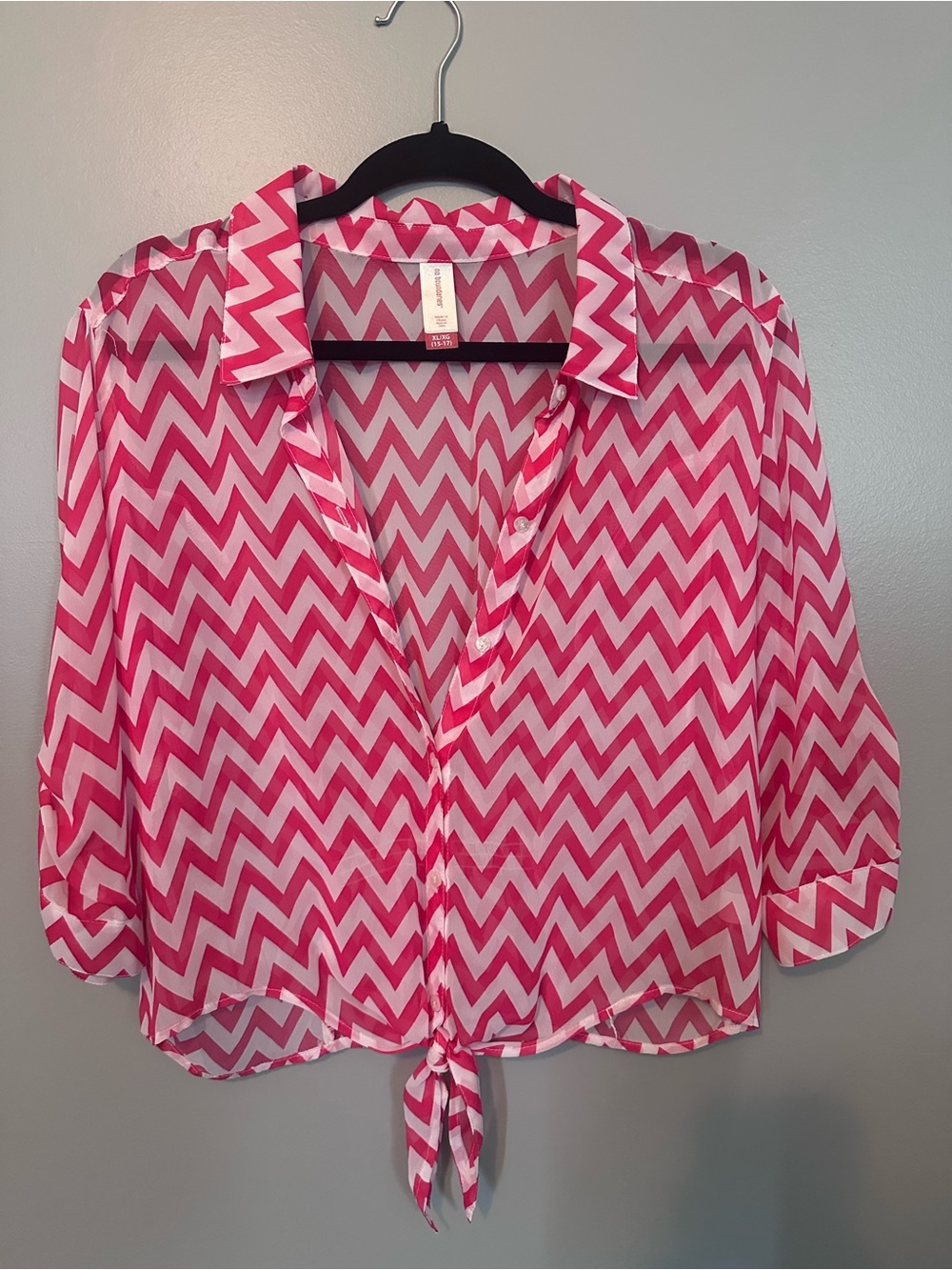 No Boundaries Pink and White Chevron Tie-Front Button Down